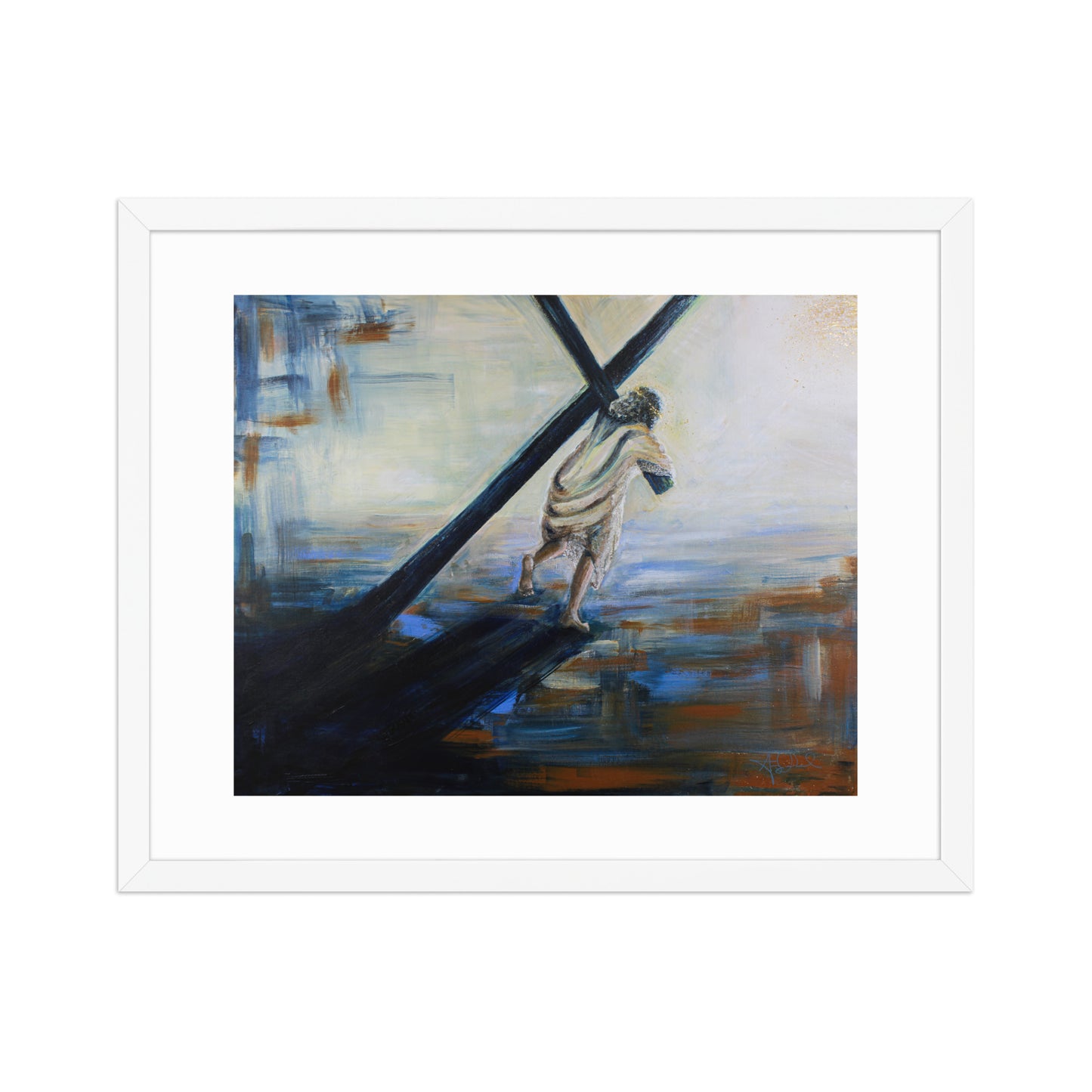 art print of Jesus carrying the cross on white wall
