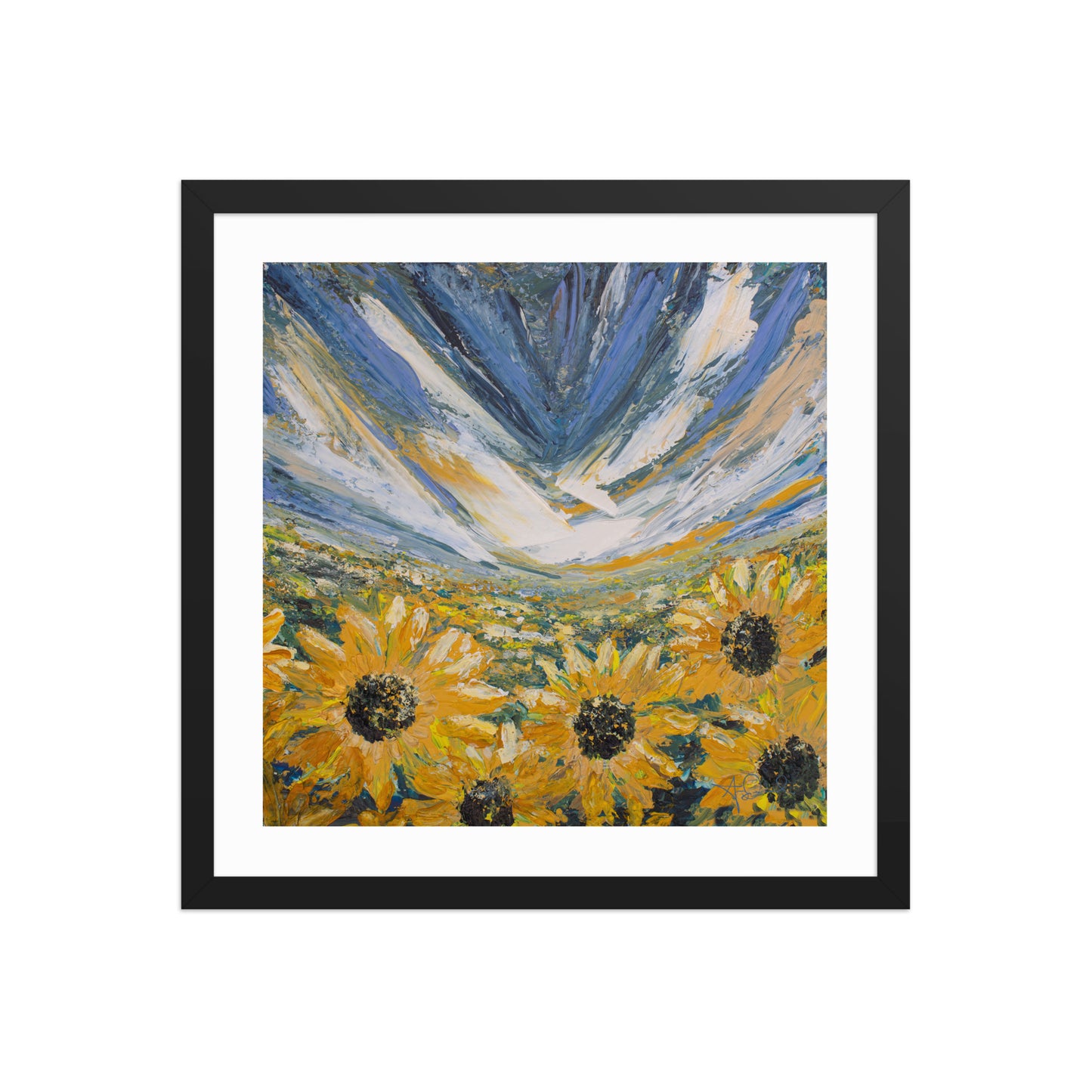 An abstract landscape sunflower field art print in a black frame on white wall
