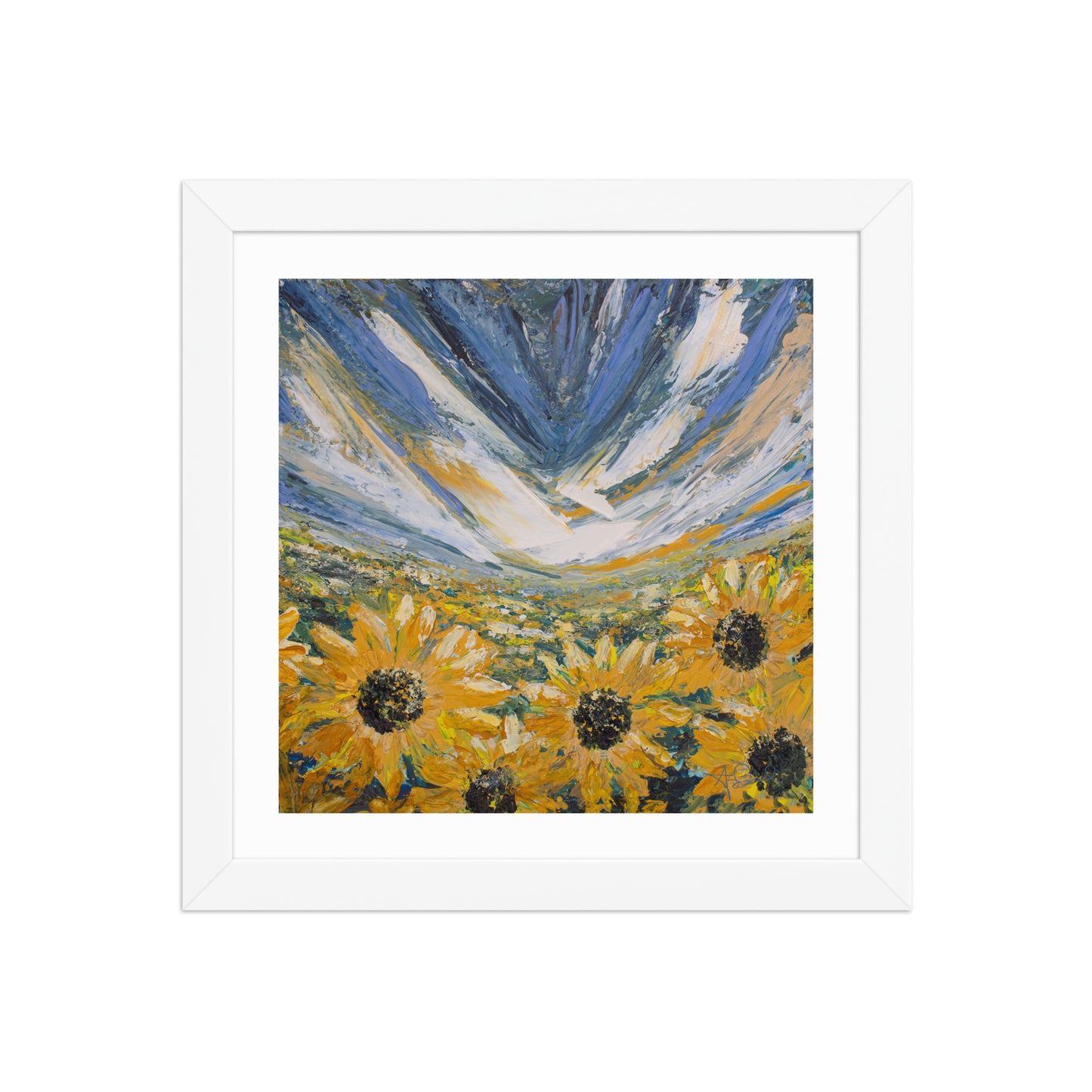 An abstract landscape sunflower field art print in a white frame on white wall