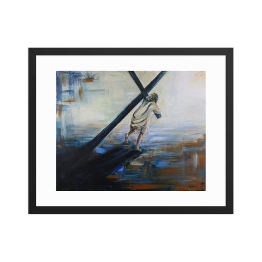 art print of Jesus carrying the cross on white wall
