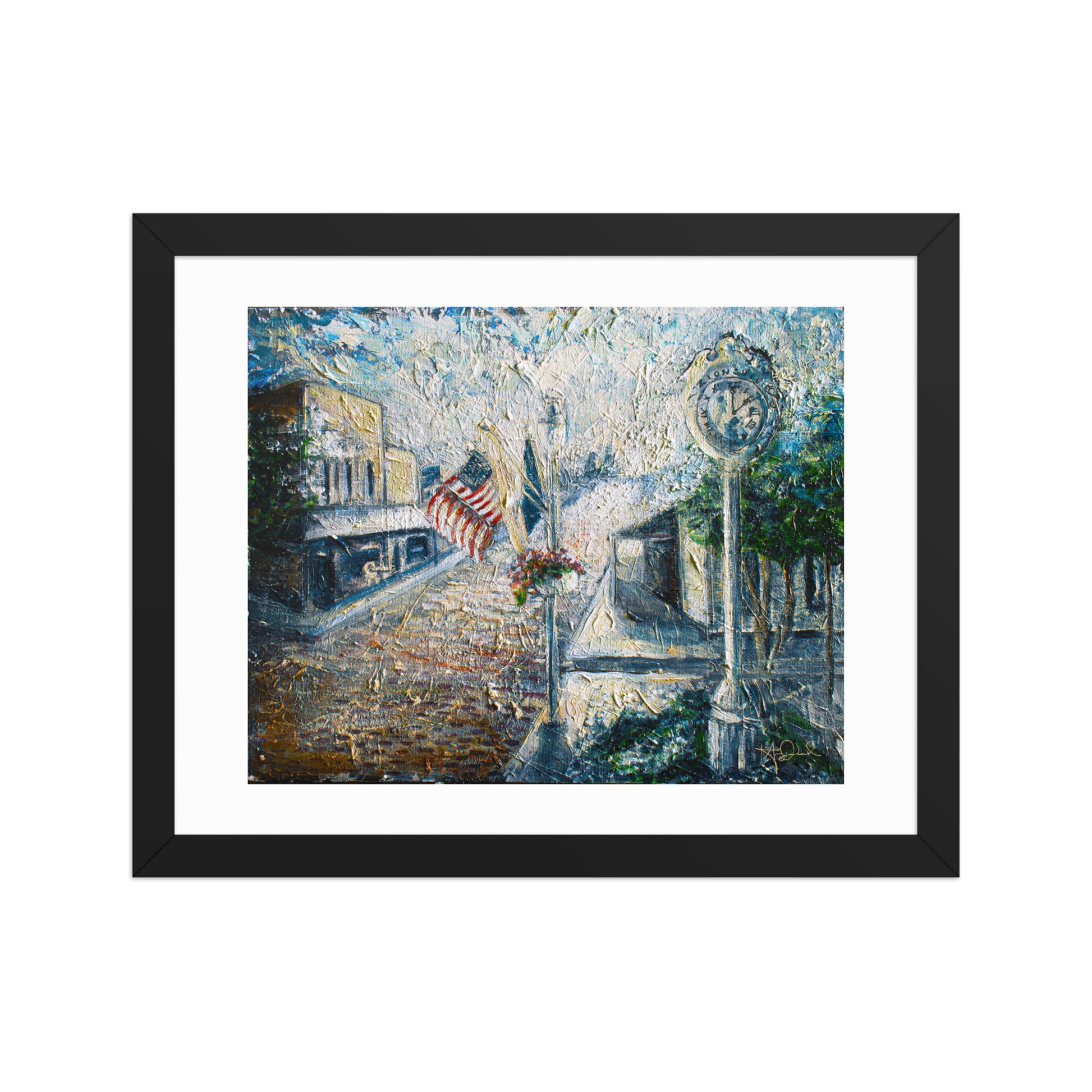A framed Zionsville, IN painting art print on white wall