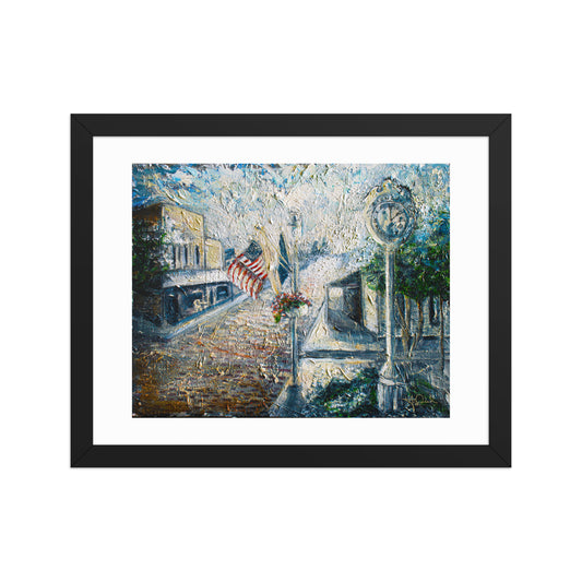 A framed Zionsville, IN painting art print on white wall