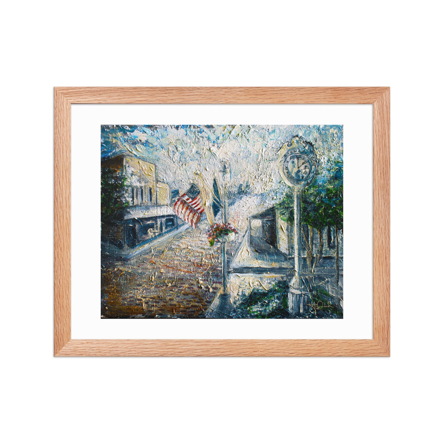 A framed Zionsville, IN painting art print on white wall