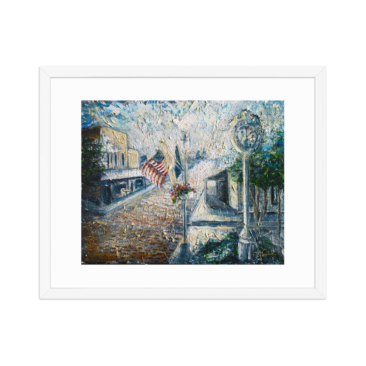 A framed Zionsville, IN painting art print on white wall