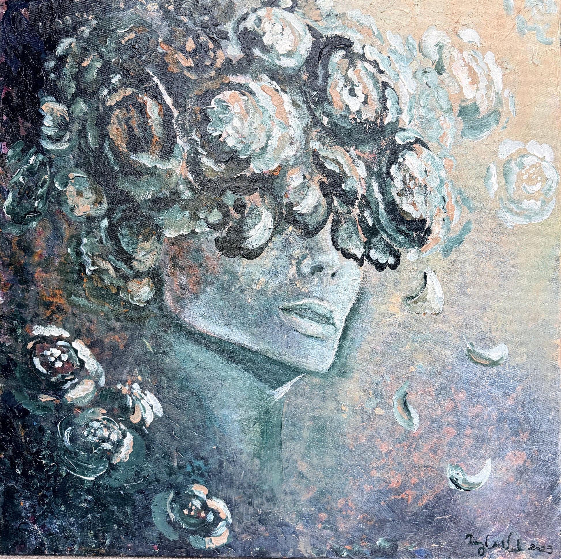 Artistic depiction of a woman's face with floral elements