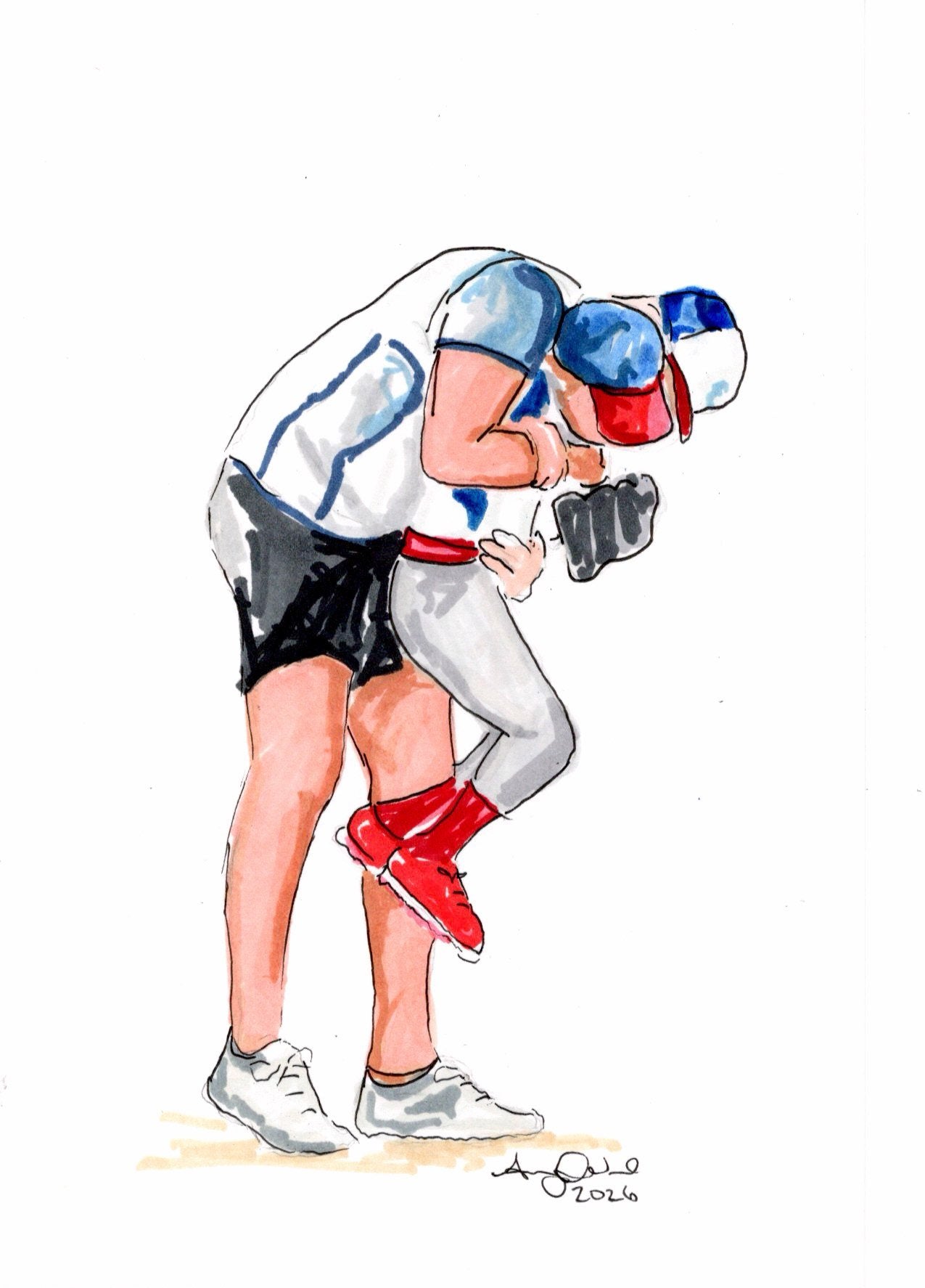 Cartoon sketch of dad holding his baseball player son in embrace leaning forward as if in motion.