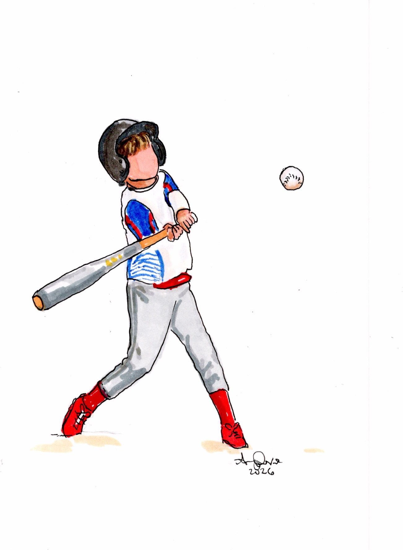 Illustration of a child playing baseball with a bat and helmet.