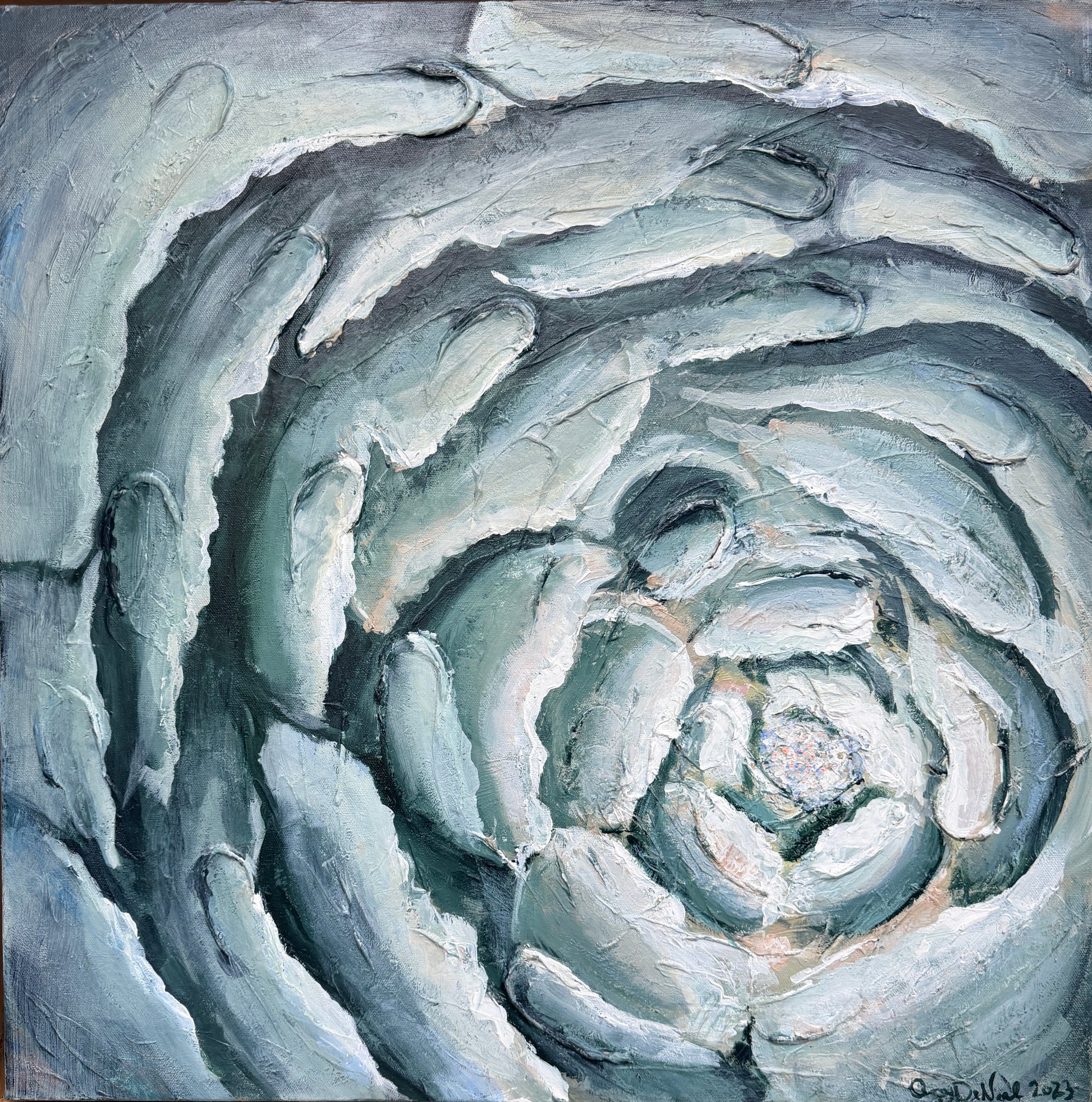 Abstract painting with swirling patterns in shades of blue, teal, and beige