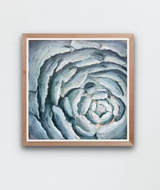 a contemporary painting of a close up of a blooming flower in blues is hung on a white wall