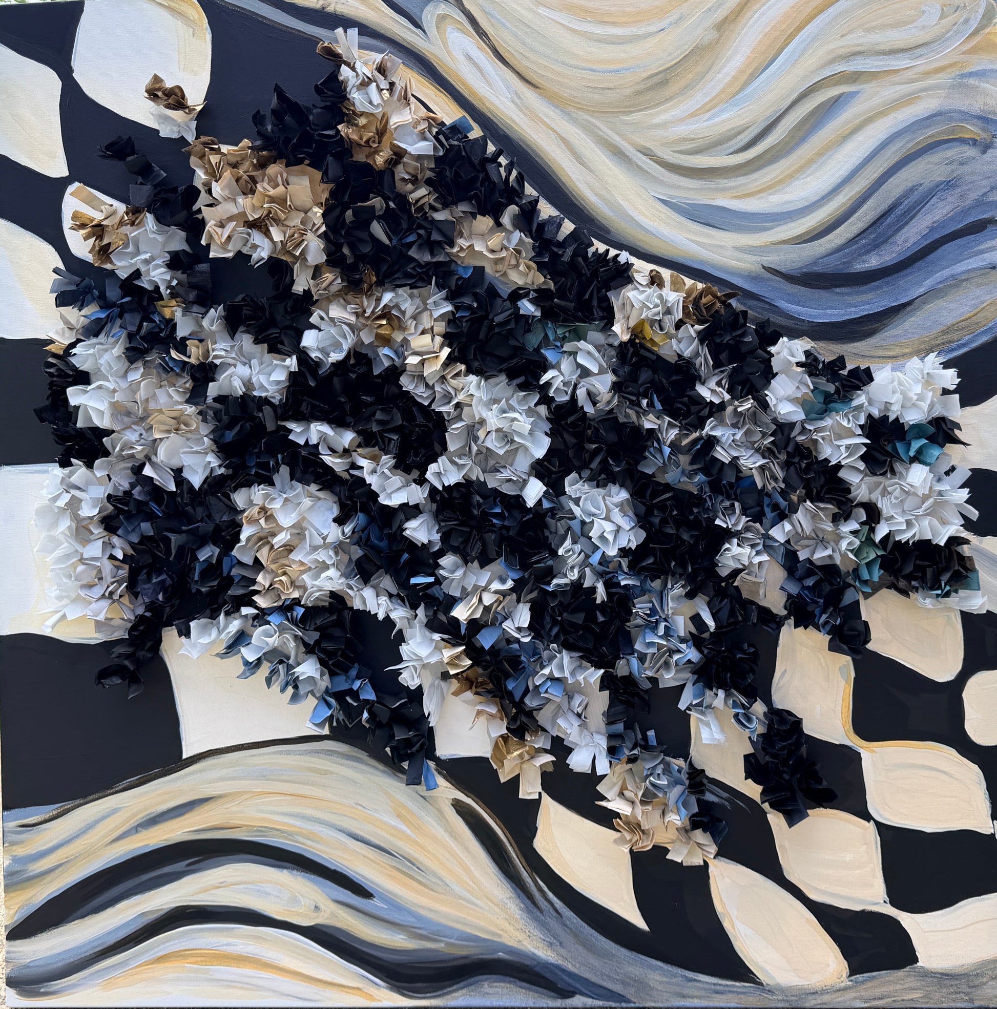 a close up of a heavily textured black and white checkered flag abstract art piece