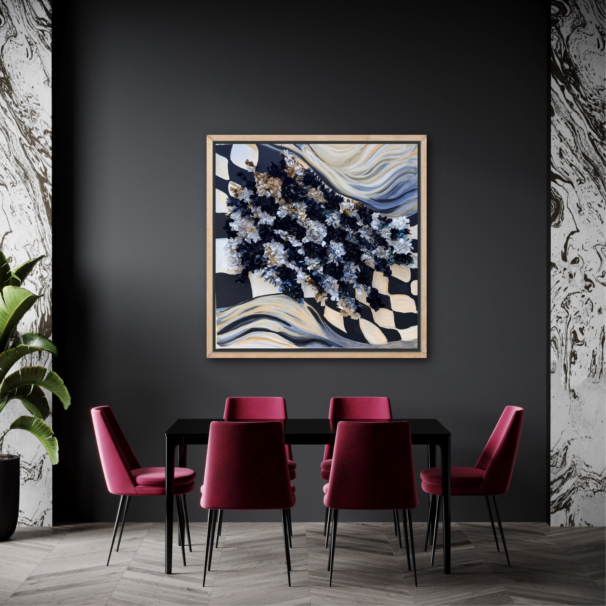 a heavily textured black and white checkered flag abstract art piece hangs on a black wall with marbled detail to the sides. a black table with wine red chairs is below