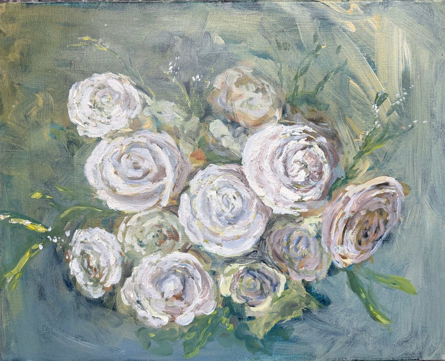 a close up of a painting of white roses on a blue green background
