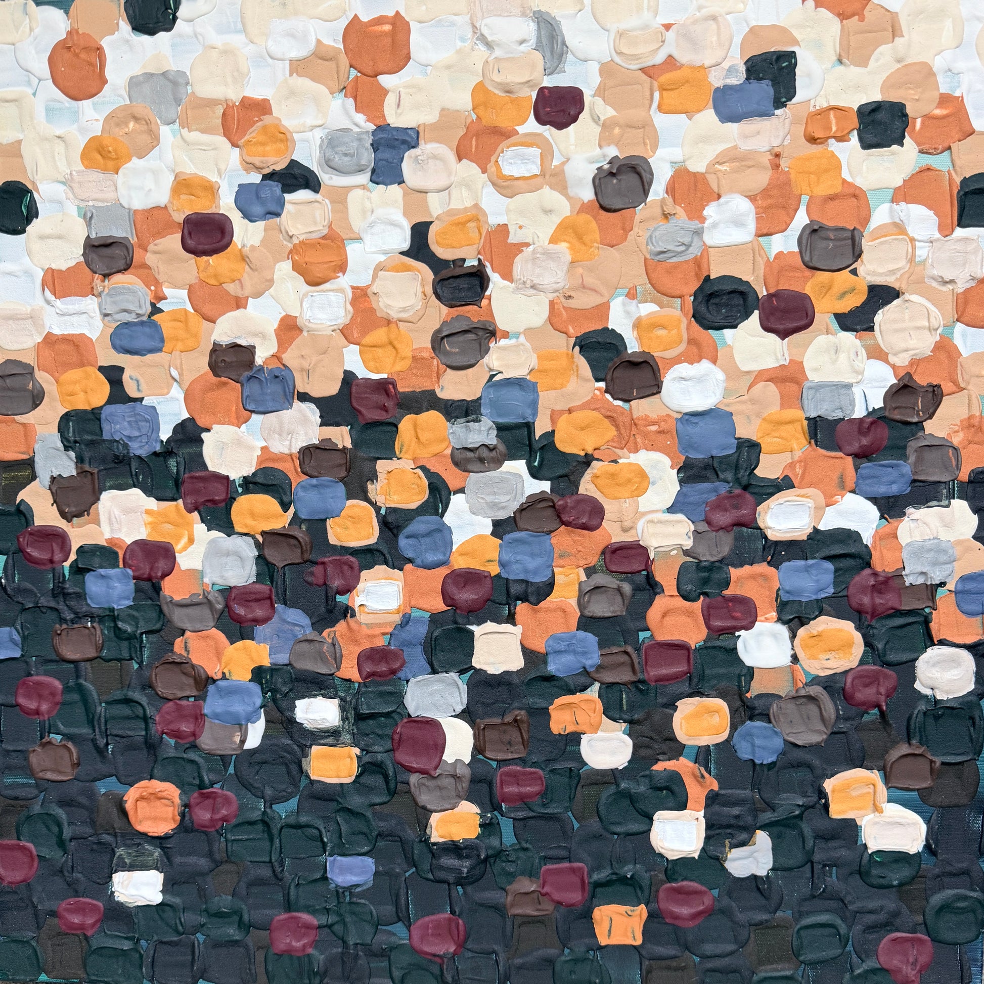close up of large heavily textured colorful dots of paint arranged in a way that they transition from light to dark