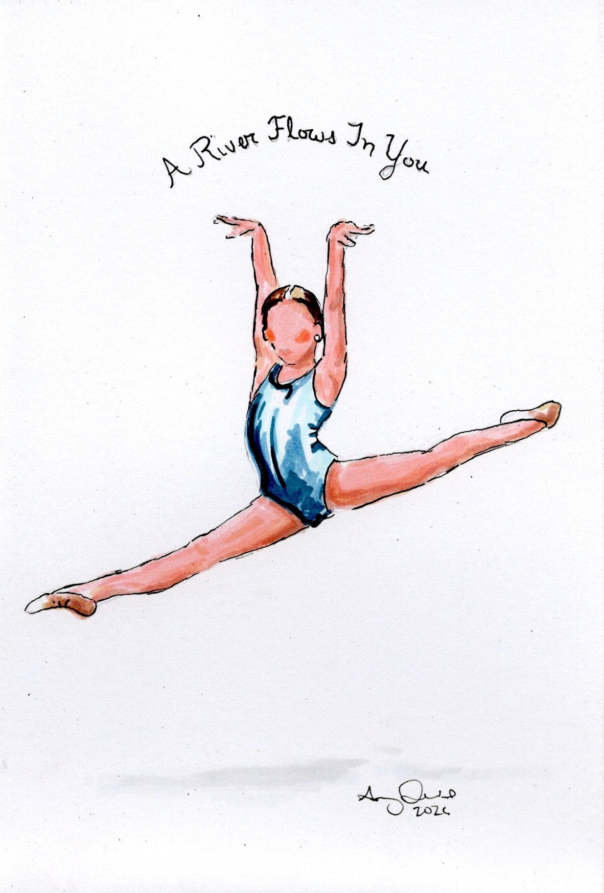 Illustration of a dancer in a split pose with 'A River Flows In You' text above.