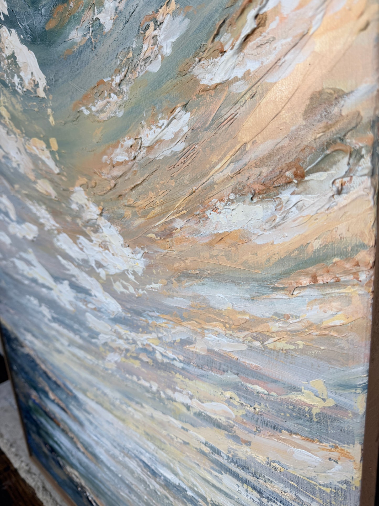 close up of muted beach tones of acrylic textured painting