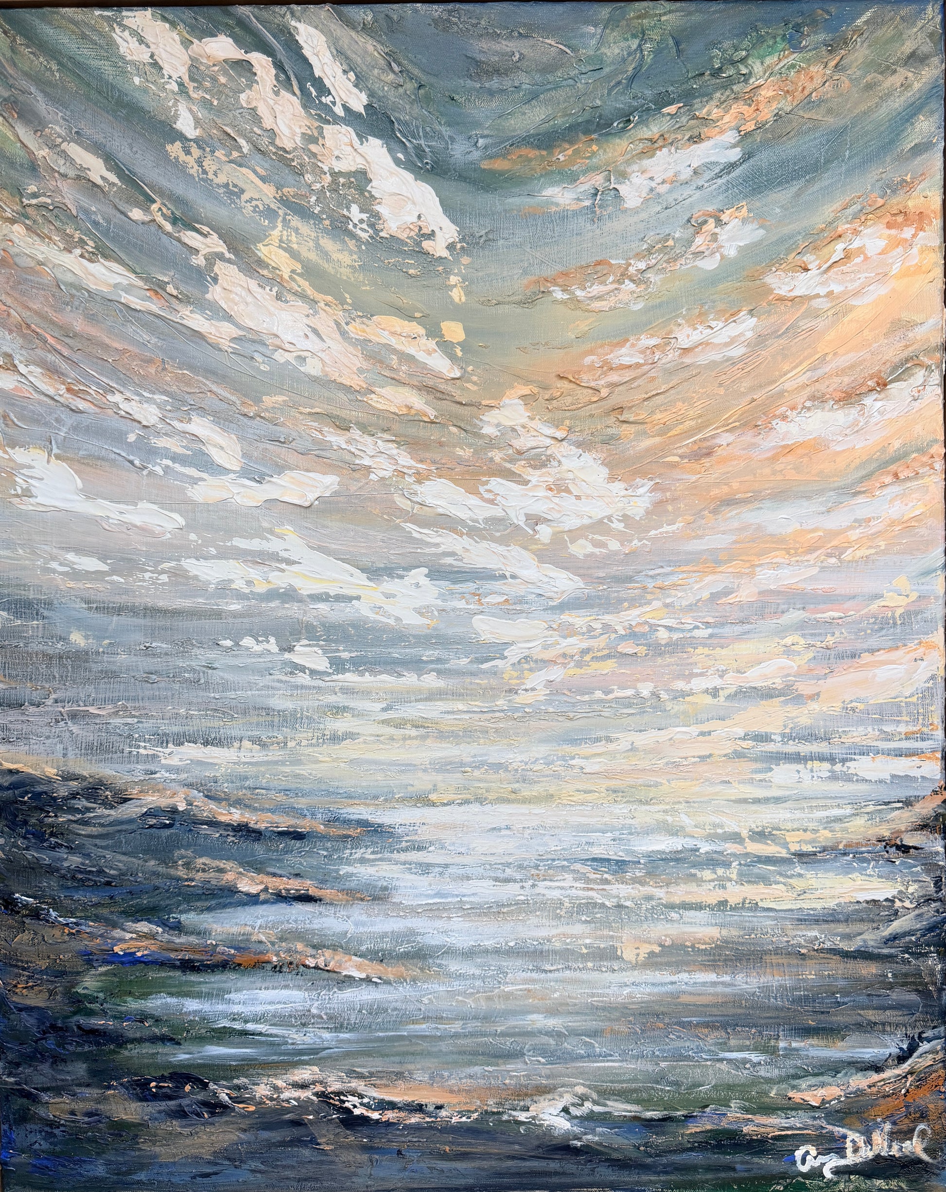 Acrylic painting of a beach scene with a textured surface and muted tones, framed in a light brown stained wooden frame.