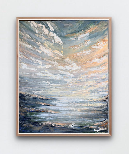 Acrylic painting of a beach scene with a textured surface and muted tones, framed in a light brown stained wooden frame. Painting on white wall