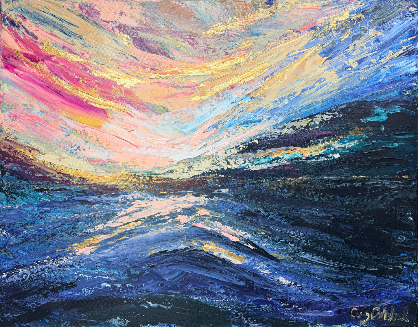 abstract colorful sunset on ocean art 