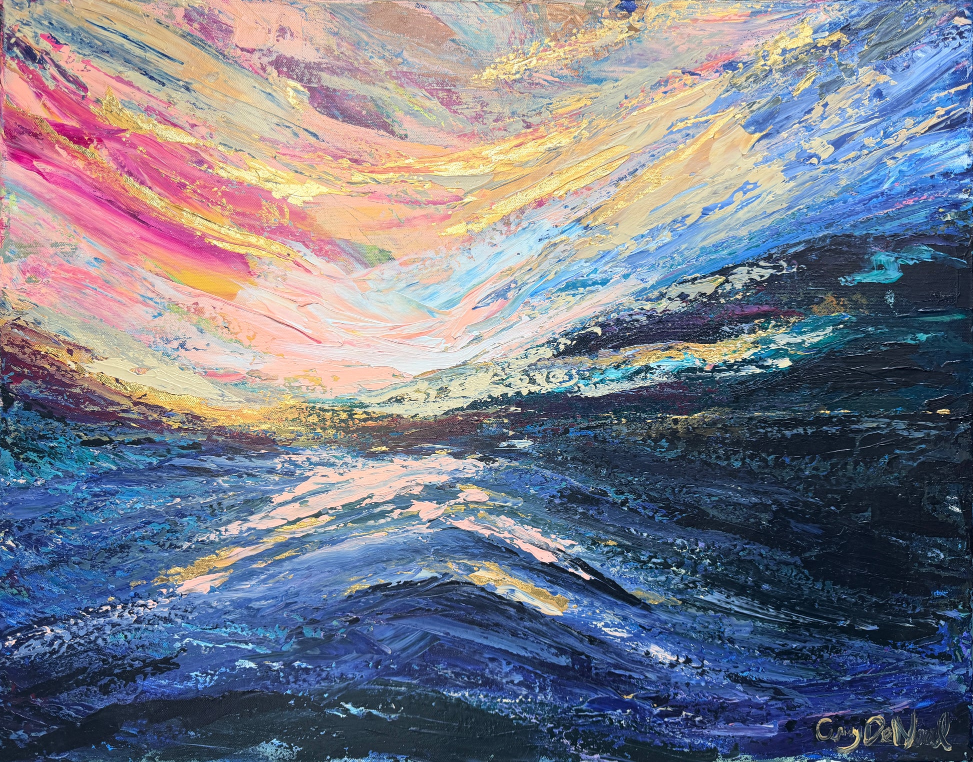 abstract colorful sunset on ocean art 