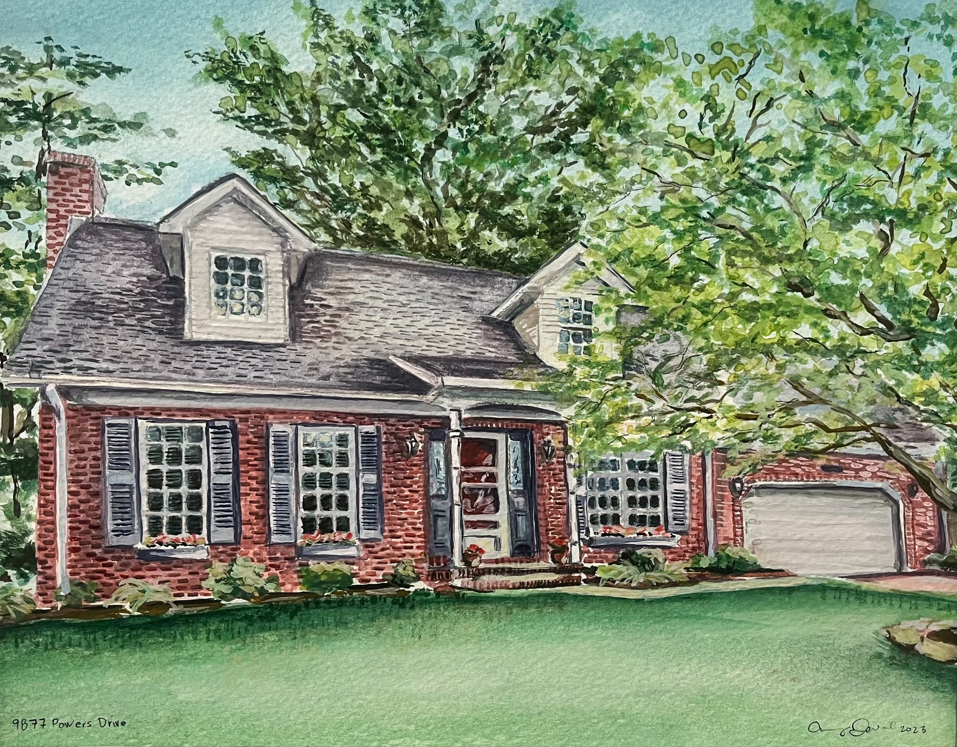 a watercolor painting of a quaint red brick home surrounded by trees