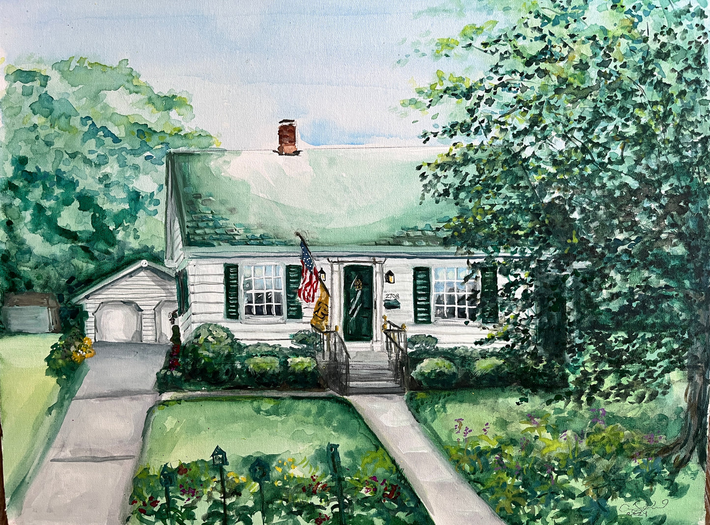 a watercolor painting of a small white house with a green roof and door. an american and purdue flag hang by the door. surrounded by trees and grass