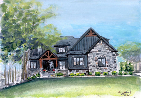 a watercolor painting of a gray and stone home surrounded by trees and grass