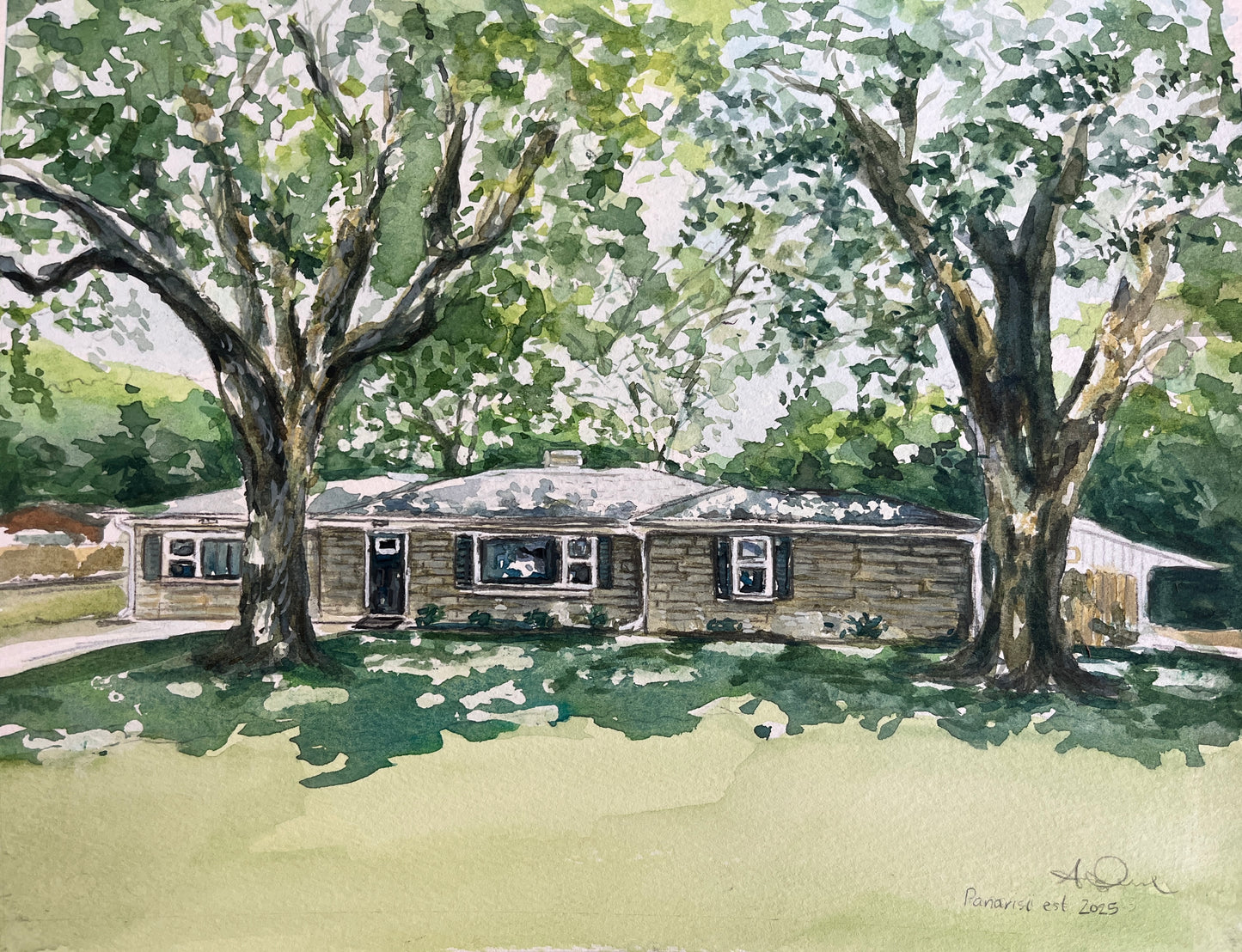 a watercolor painting of a light stone ranch home surrounded by trees and grass and a driveway
