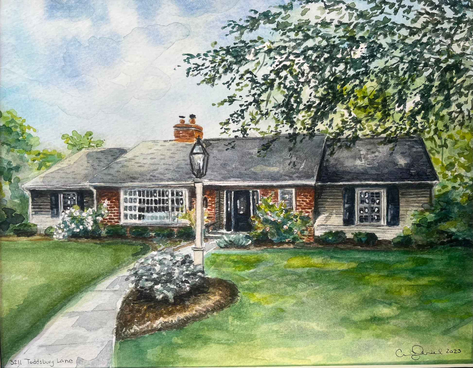 a watercolor painting of a red brick ranch style home with gray roof. surrounded by trees and grass and a white sidewalk and lampost in the front