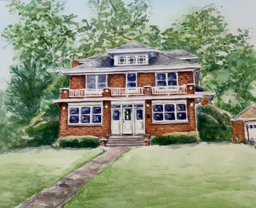 a watercolor painting of a two story red orange brick victorian home surrounded by trees and grass. a gray sidewalk in the front