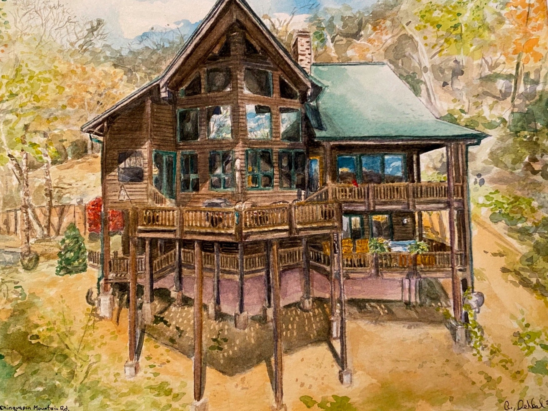 a warm colored watercolor painting of a 3 story cabin style home in the woods with a green roof