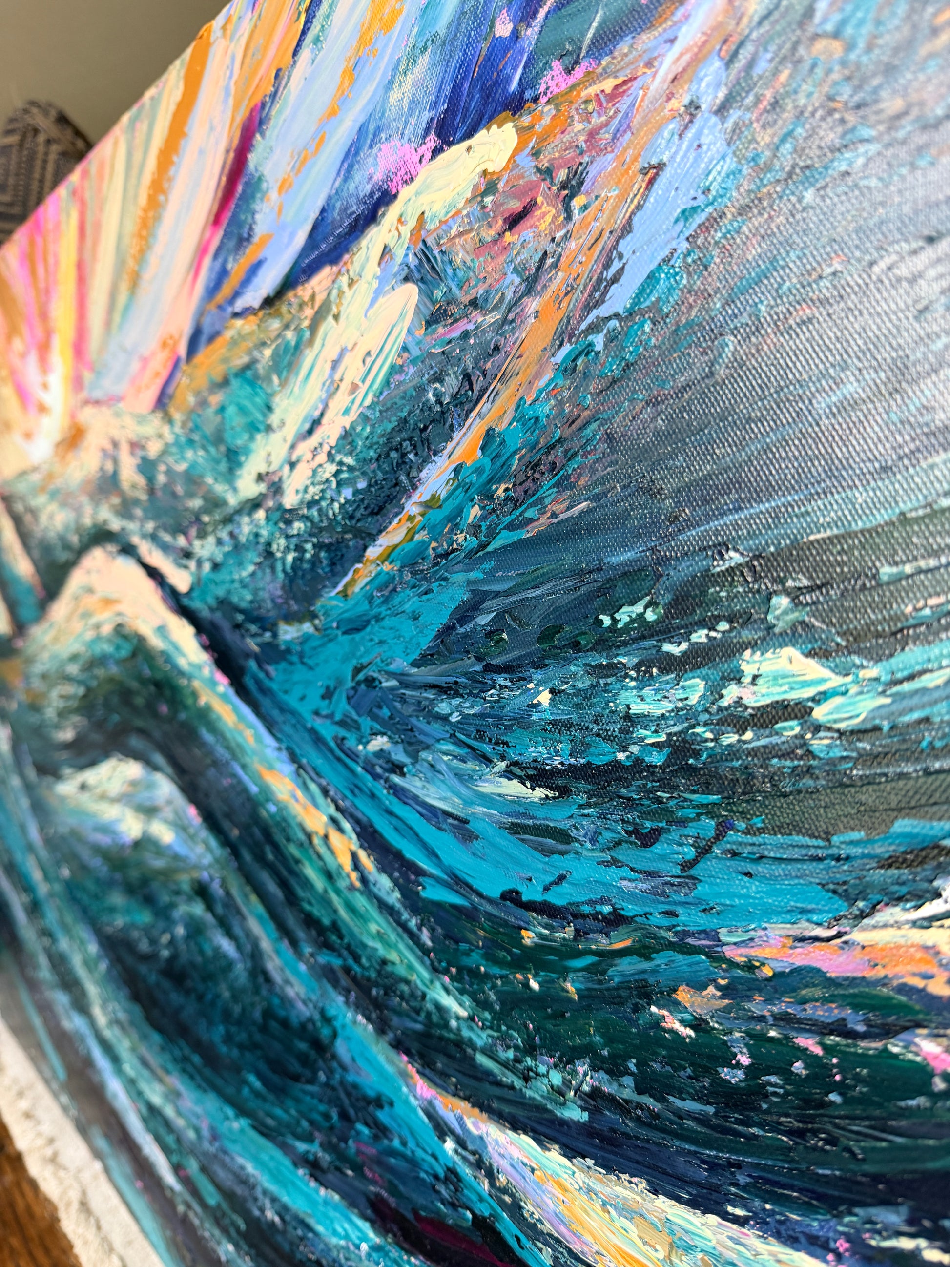 Close-up of a textured surface with blue and multicolor patterns
