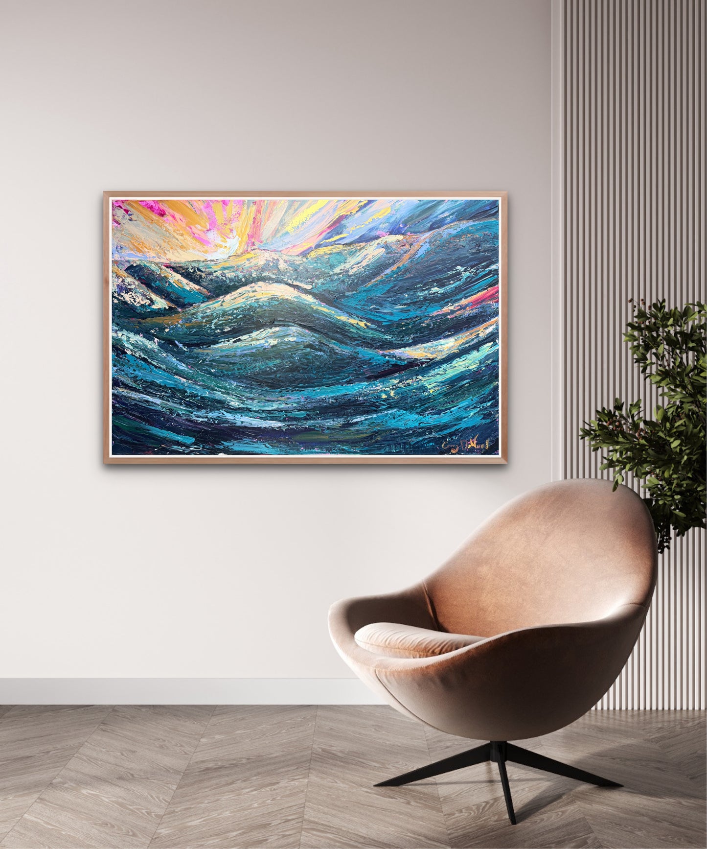 Modern interior with a abstract painting of wavy colors and a beige chair.