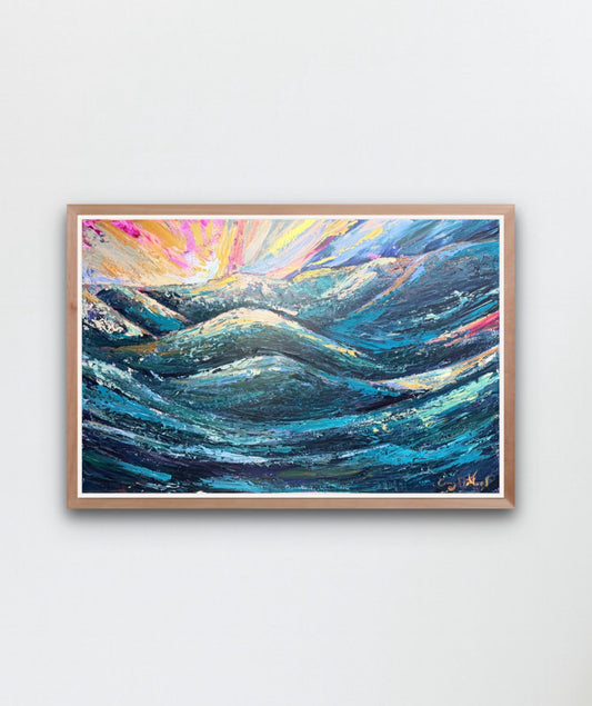 a colorful abstract sunset over water painting on hangs on a white wall