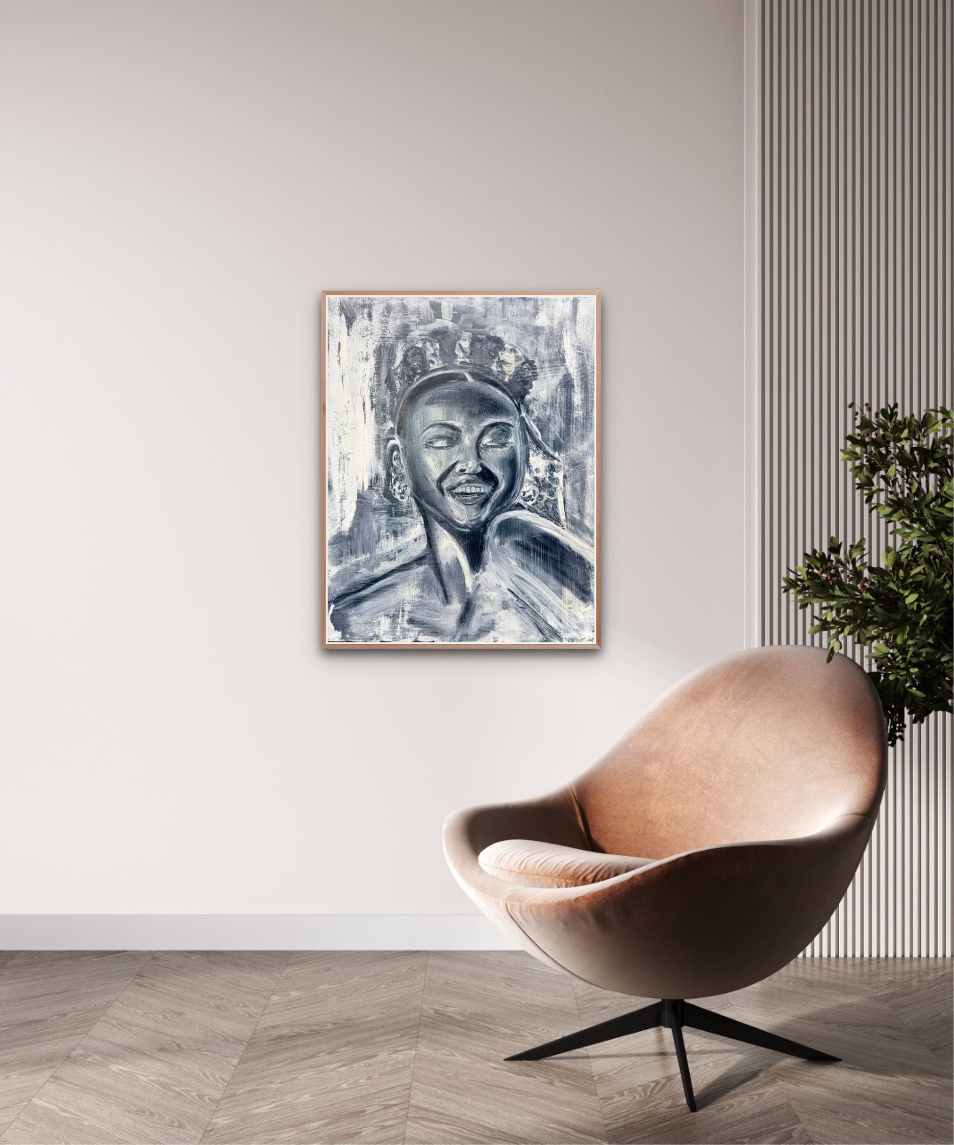 Modern interior with a brown chair and framed artwork on a wall.