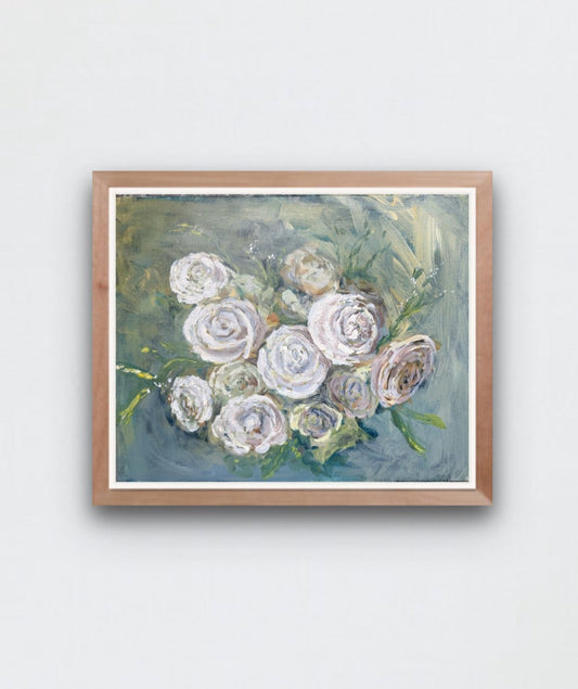 a painting of white roses on a blue green background hangs on a white wall