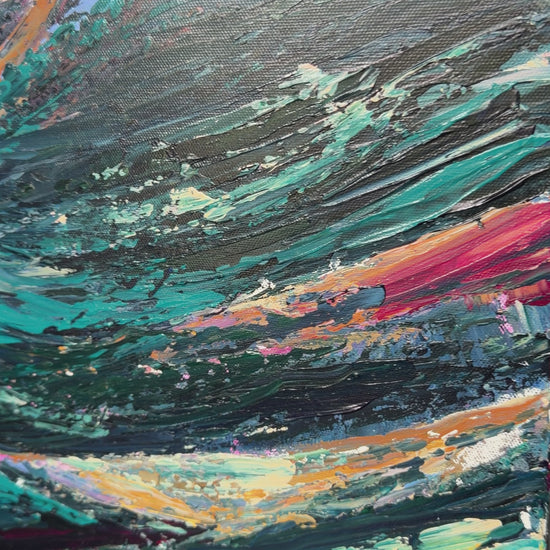 video of a close up of a textured colorful painting featuring a sunset over a dark landscape or ocean