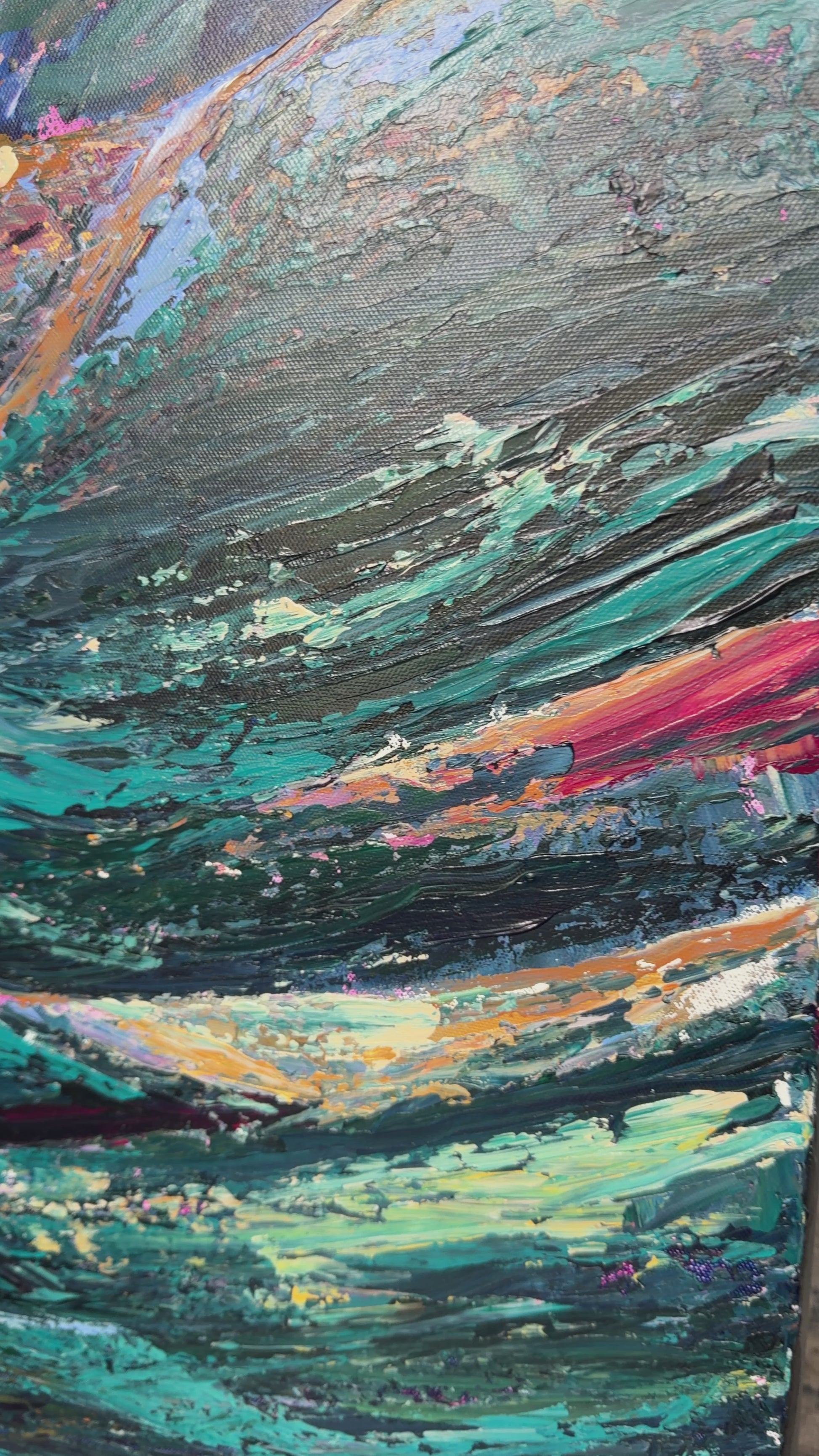 video of a close up of a textured colorful painting featuring a sunset over a dark landscape or ocean