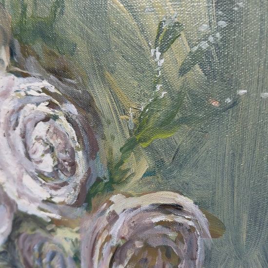 video of a close up of a painting of white roses on a blue green background