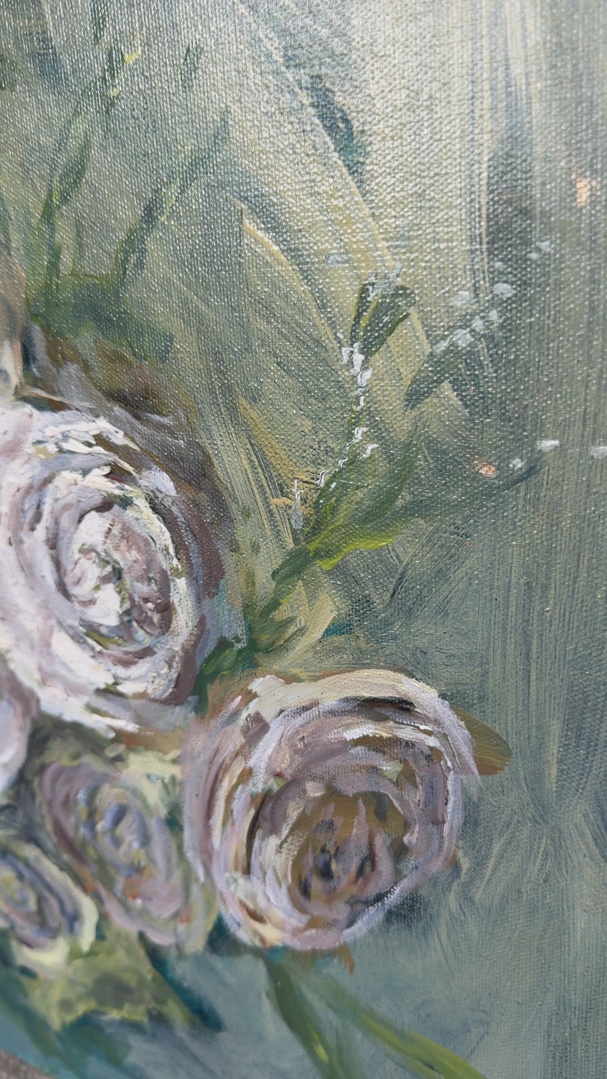 video of a close up of a painting of white roses on a blue green background