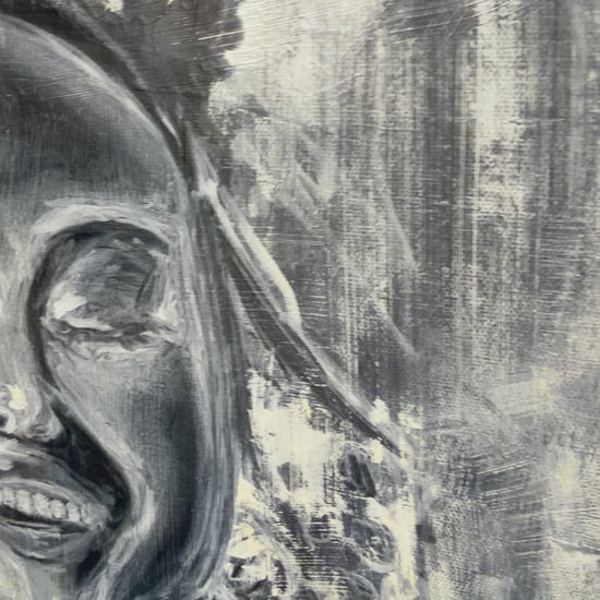 a video of a black and white painting of a woman, the camera moves over the painting