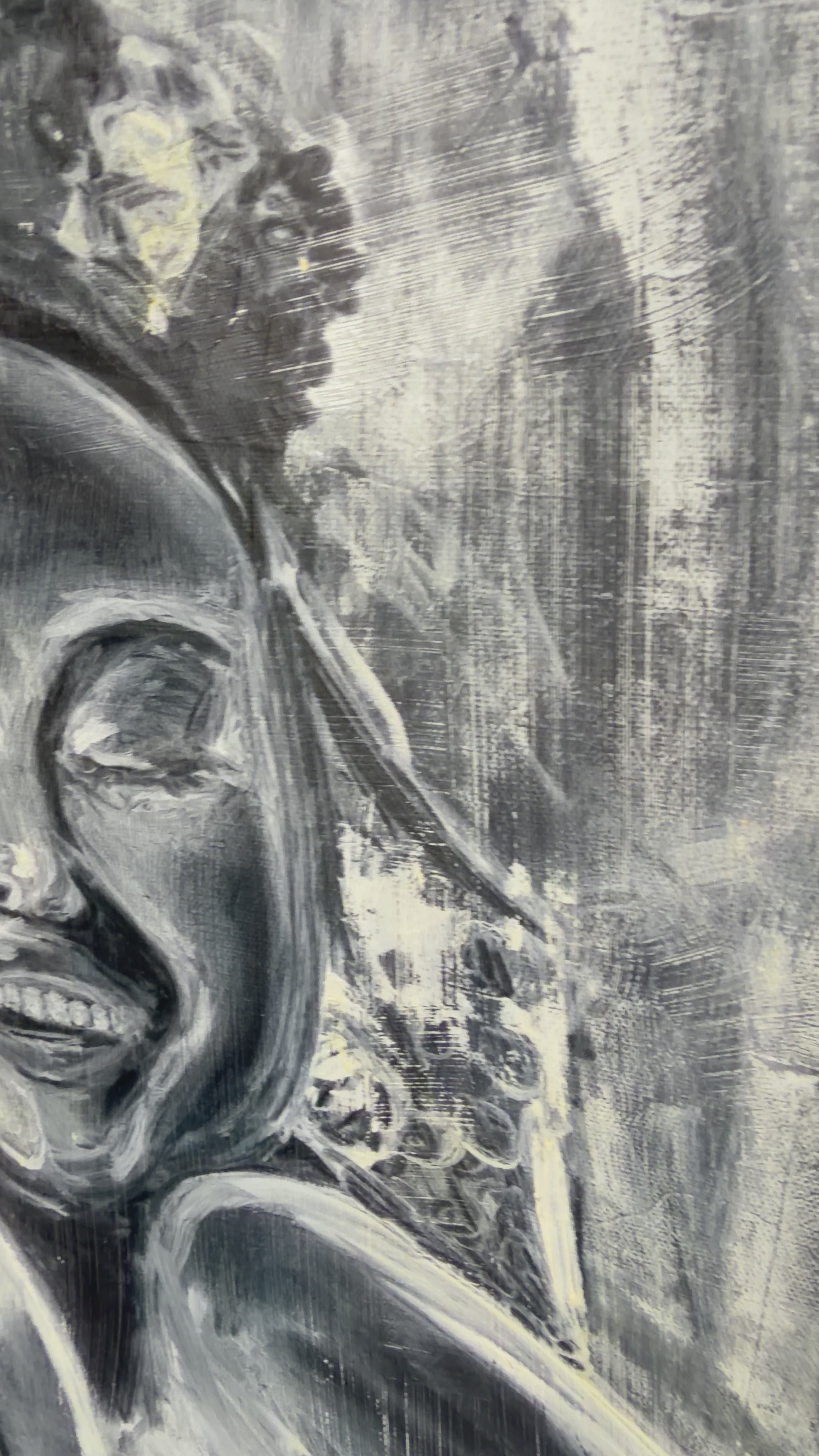 a video of a black and white painting of a woman, the camera moves over the painting