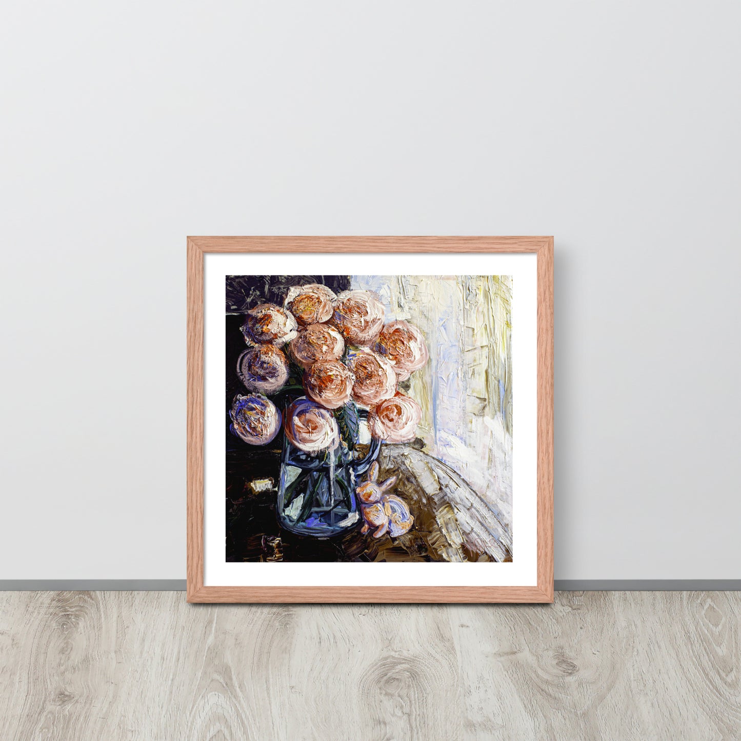 an expressionist painting of a vase of pink flowers in a red oak frame leaned up against a wall