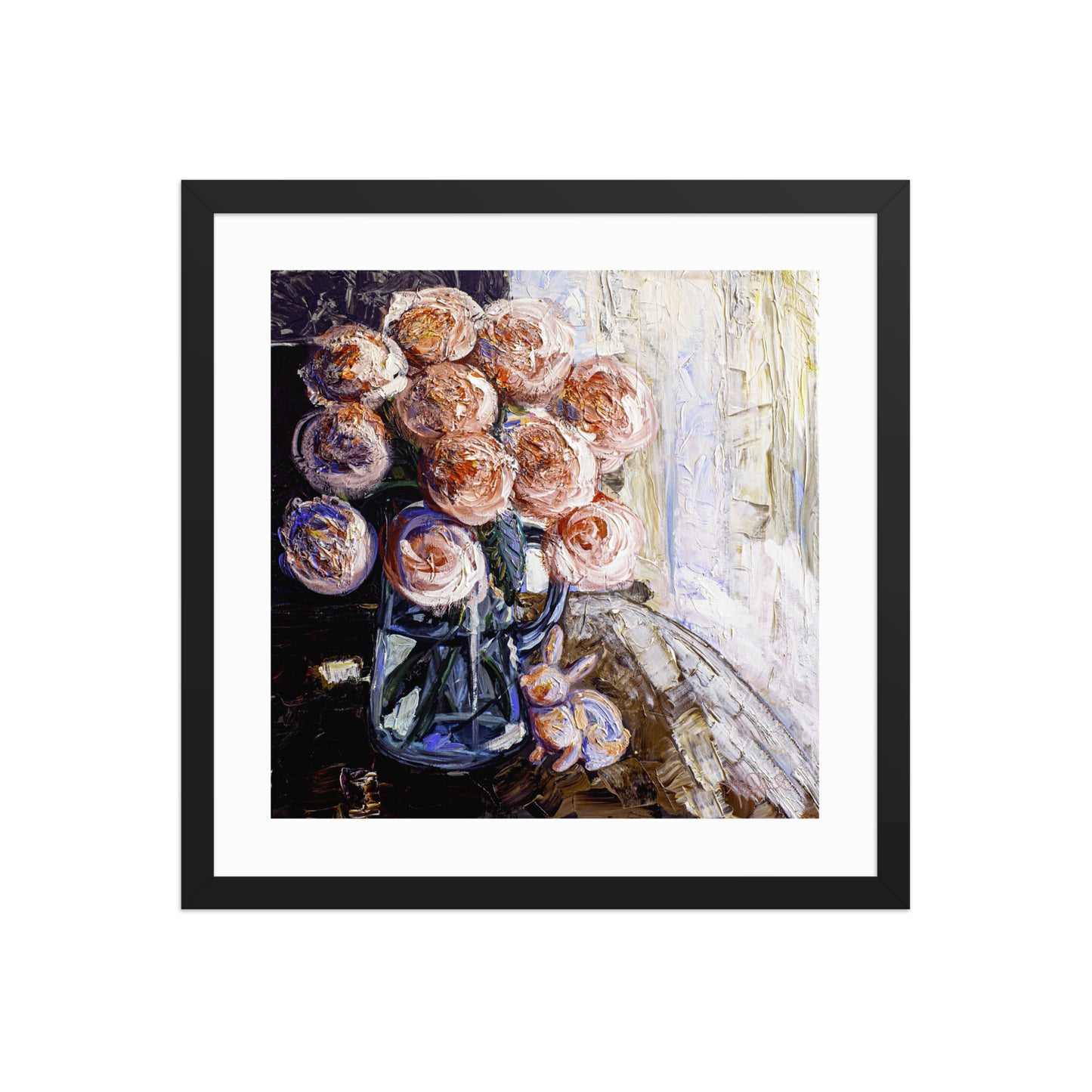 an expressionist painting of a vase of pink flowers in a black frame hangs on a white wall