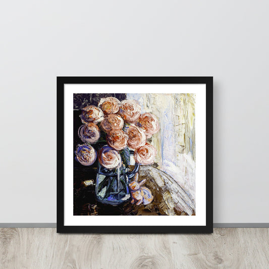 an expressionist painting of a vase of pink flowers in a black frame leaned up against a wall