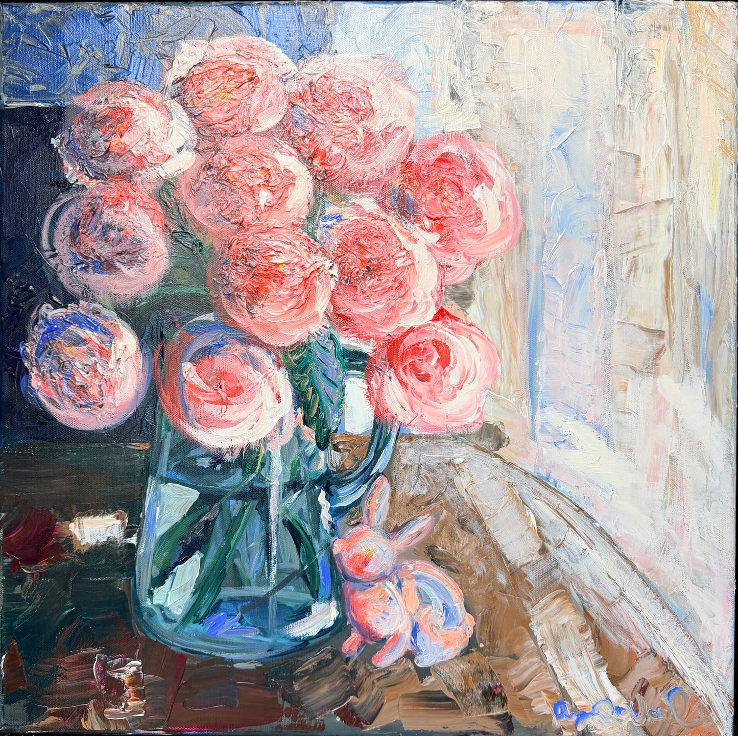 a close up of an impressionist painting of pink roses on a neutral background with a glass bunny figurine painted in front of the vase of roses