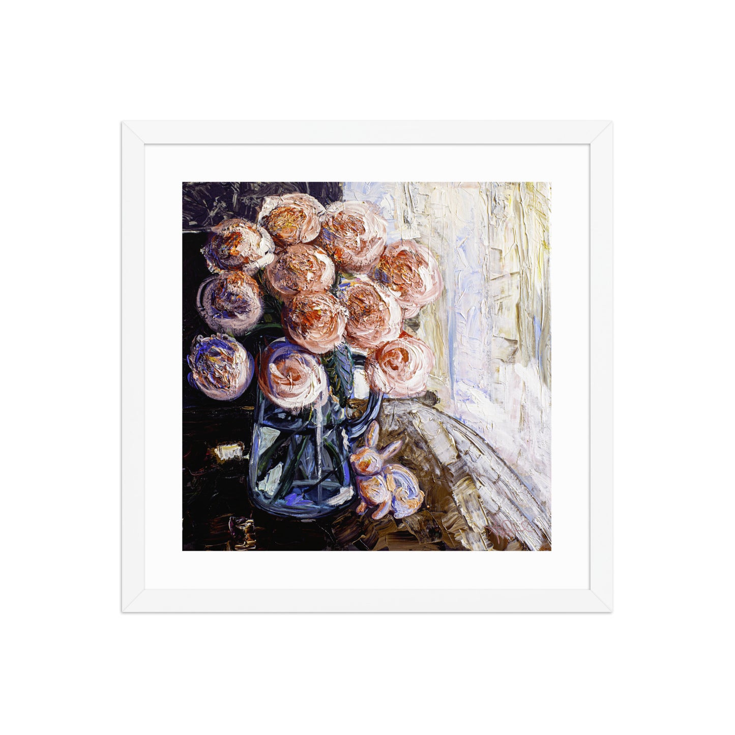 an expressionist painting of a vase of pink flowers in a white frame hangs on a white wall
